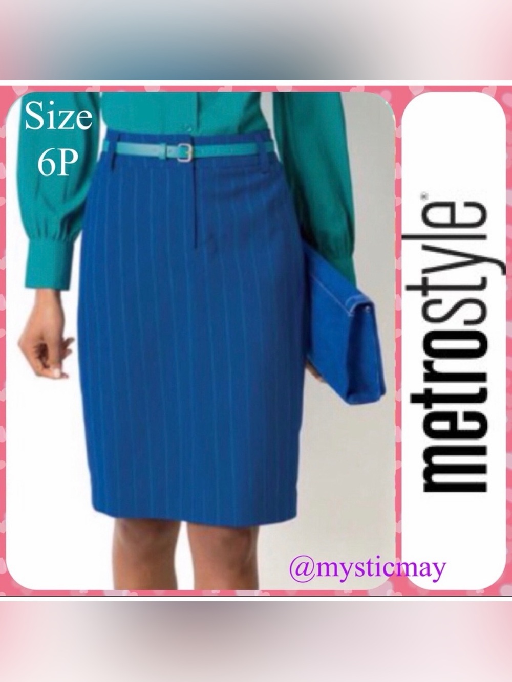 NEW Sapphire Blue Pinstripe Belted Pencil Skirt Size 6 Petites w Teal Belt NWT